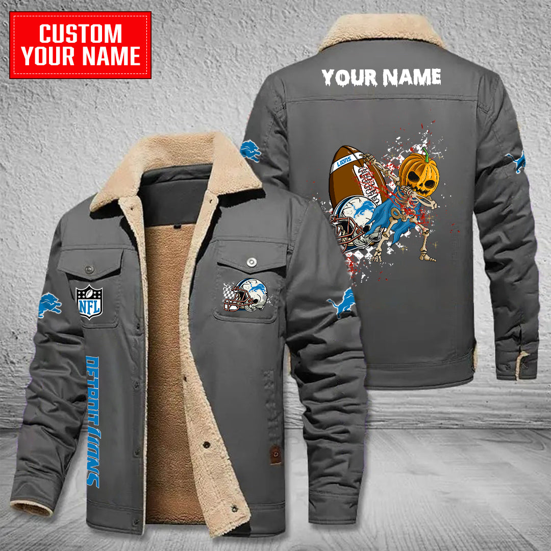 Detroit Lions Halloween Pumpkin Collection Winter Fleece Bomber Jacket AZCAWFBJ000006