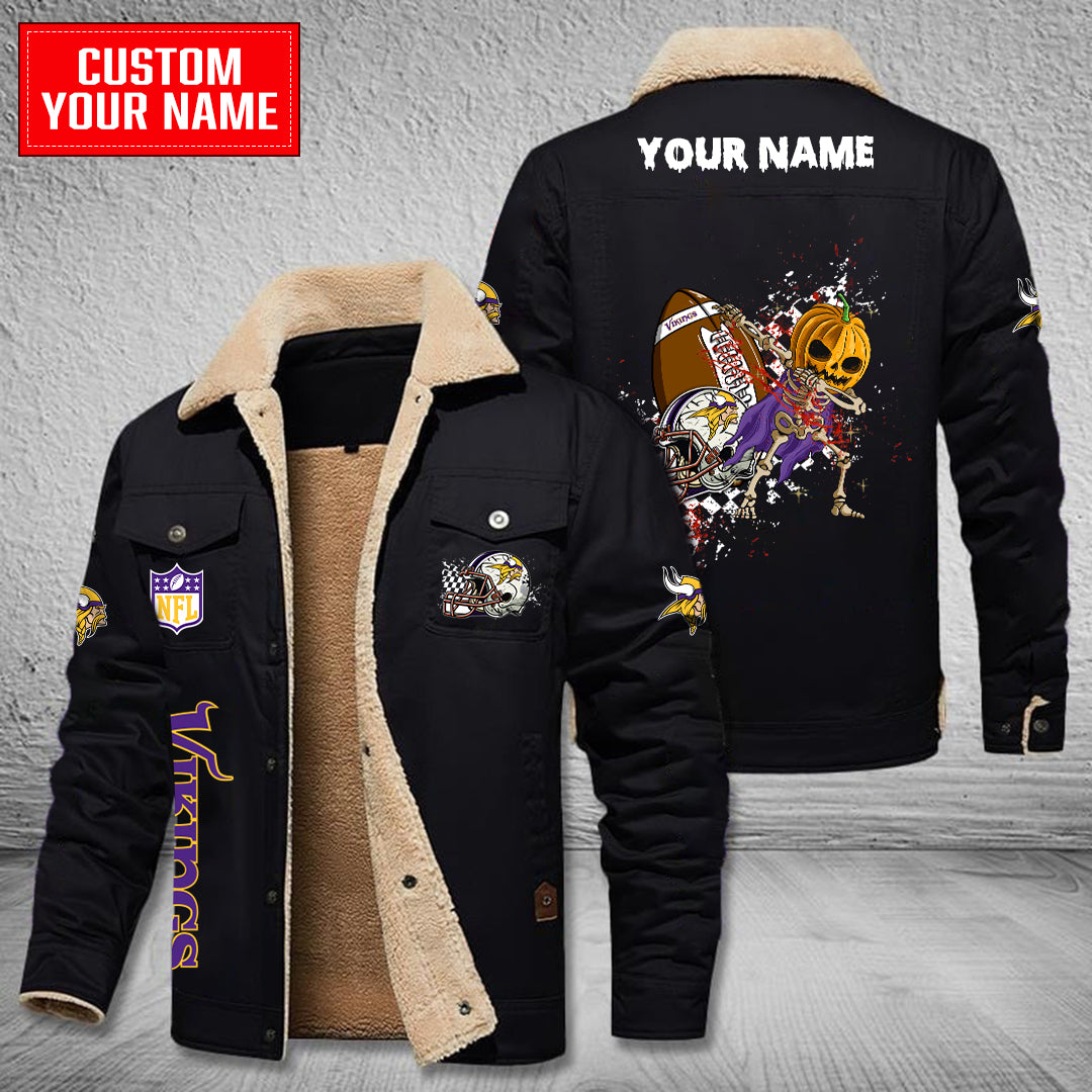 Minnesota Vikings Halloween Pumpkin Collection Winter Fleece Bomber Jacket AZCAWFBJ000009