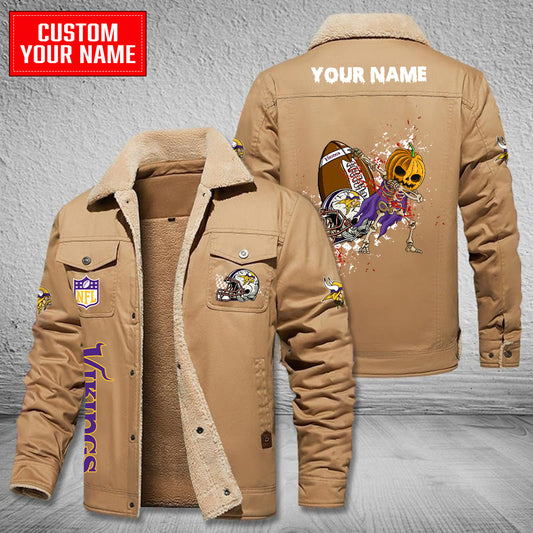 Minnesota Vikings Halloween Pumpkin Collection Winter Fleece Bomber Jacket AZCAWFBJ000009