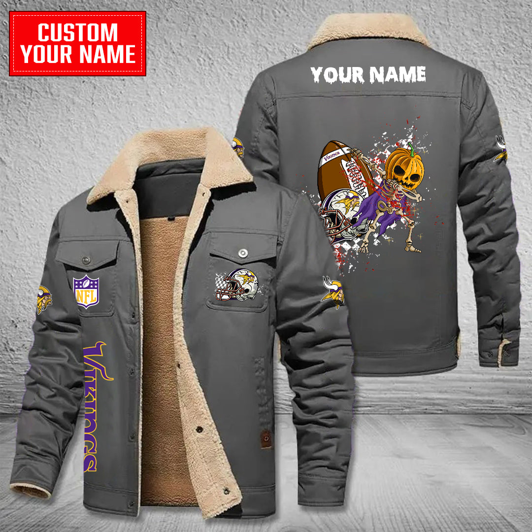 Minnesota Vikings Halloween Pumpkin Collection Winter Fleece Bomber Jacket AZCAWFBJ000009