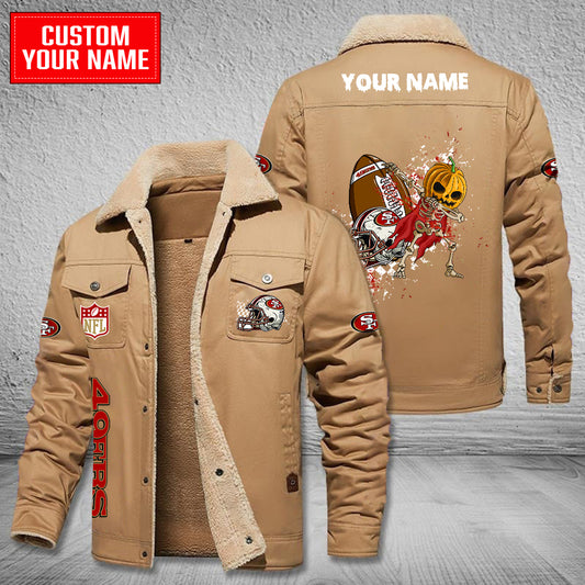 San Francisco 49ers Halloween Pumpkin Collection Winter Fleece Bomber Jacket AZCAWFBJ000013