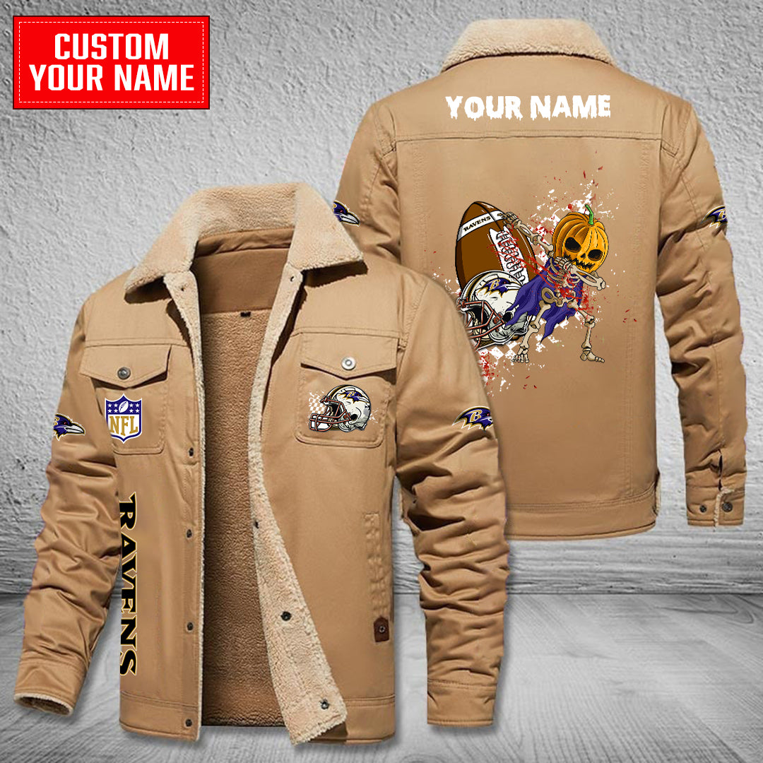Baltimore Ravens Halloween Pumpkin Collection Winter Fleece Bomber Jacket AZCAWFBJ000017