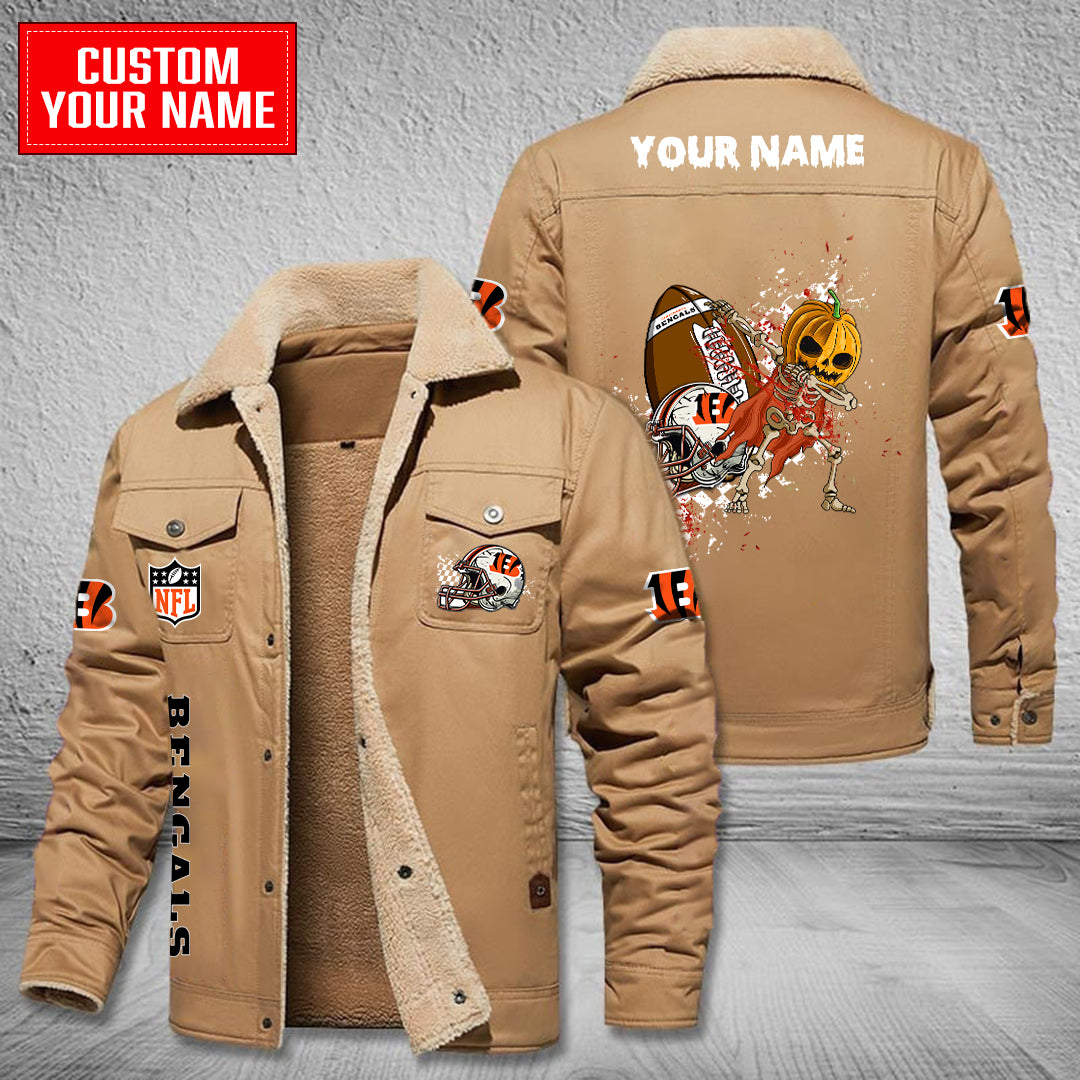 Cincinnati Bengals Halloween Pumpkin Collection Winter Fleece Bomber Jacket AZCAWFBJ000019