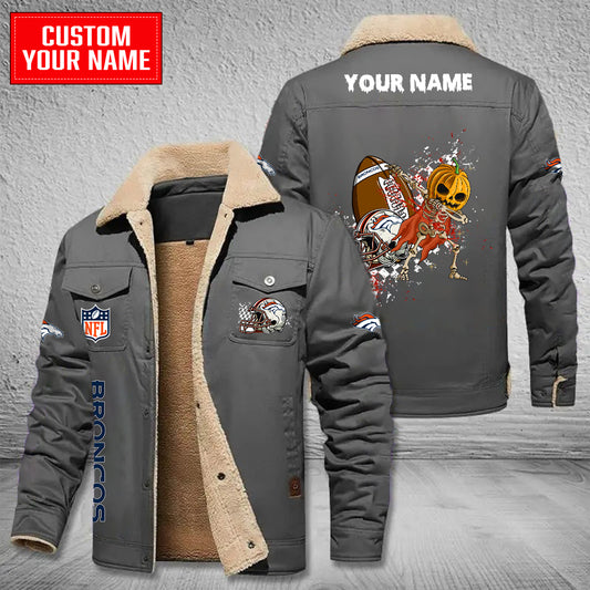 Denver Broncos Halloween Pumpkin Collection Winter Fleece Bomber Jacket AZCAWFBJ000021