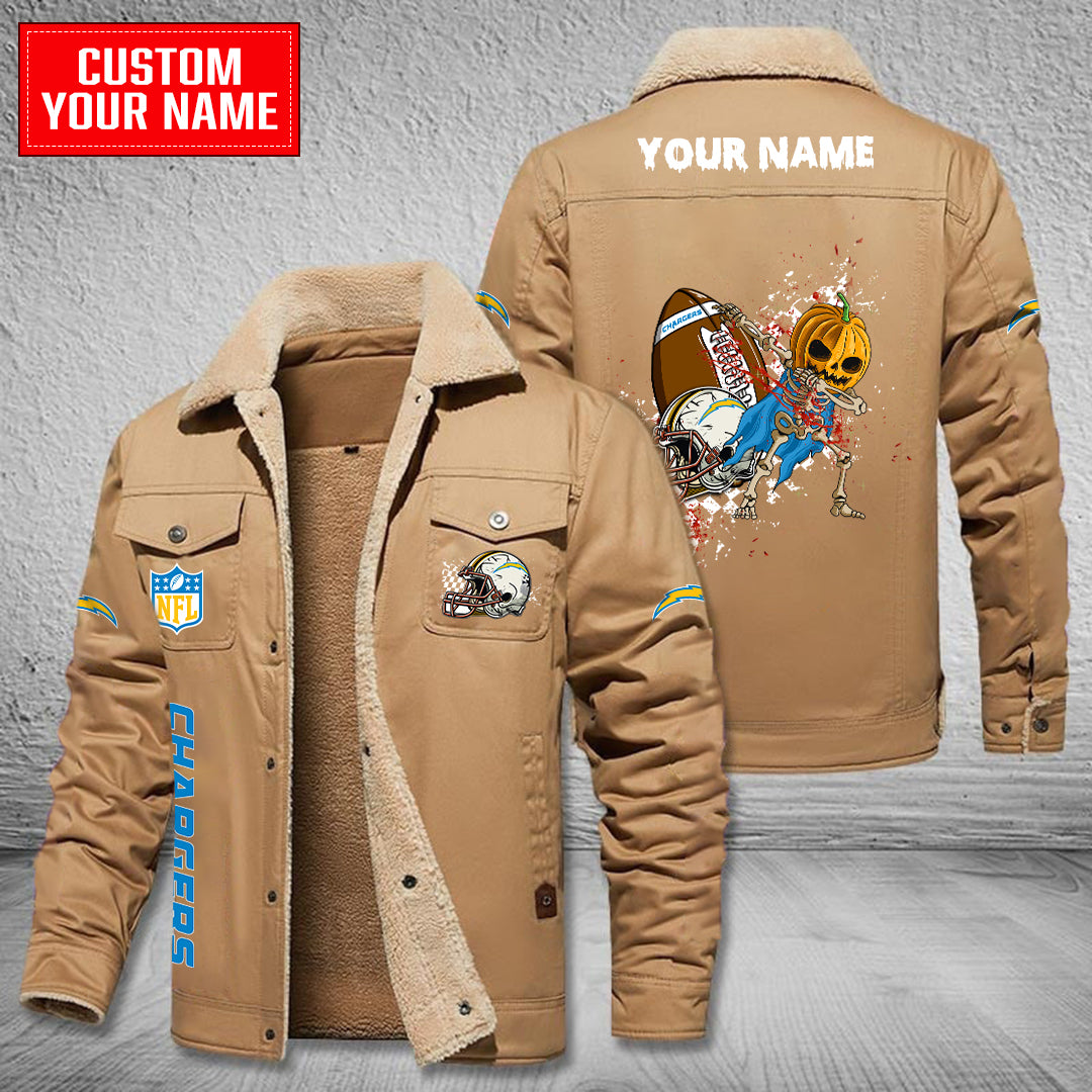 Los Angeles Chargers Halloween Pumpkin Collection Winter Fleece Bomber Jacket AZCAWFBJ000027