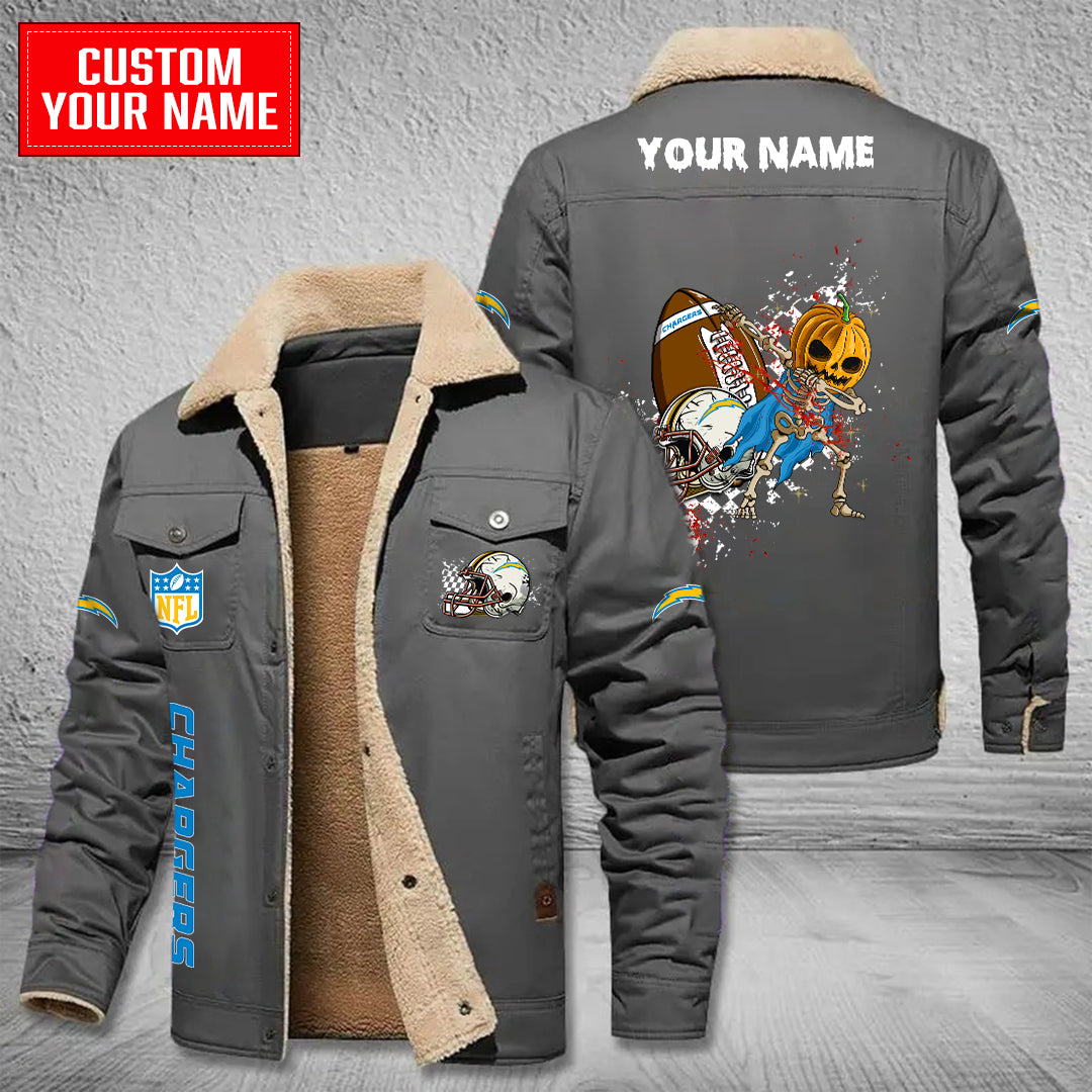 Los Angeles Chargers Halloween Pumpkin Collection Winter Fleece Bomber Jacket AZCAWFBJ000027