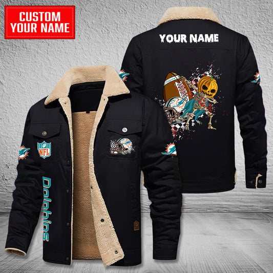 Miami Dolphins Halloween Pumpkin Collection Winter Fleece Bomber Jacket AZCAWFBJ000028