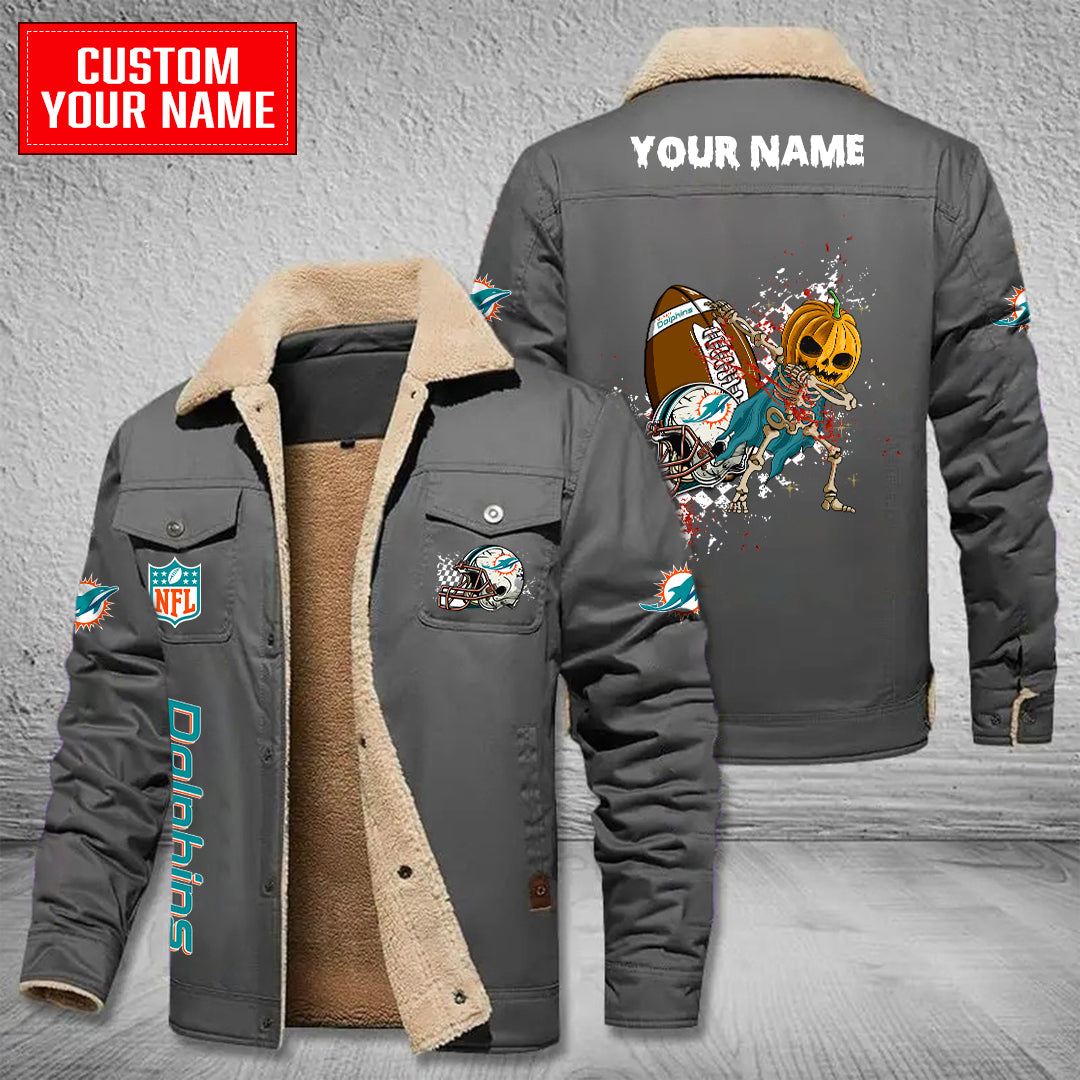 Miami Dolphins Halloween Pumpkin Collection Winter Fleece Bomber Jacket AZCAWFBJ000028