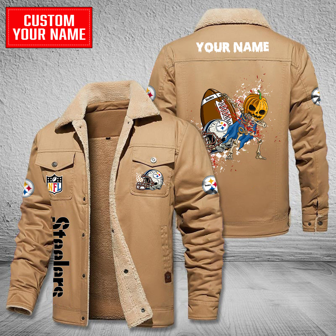 Pittsburgh Steelers Halloween Pumpkin Collection Winter Fleece Bomber Jacket AZCAWFBJ000031