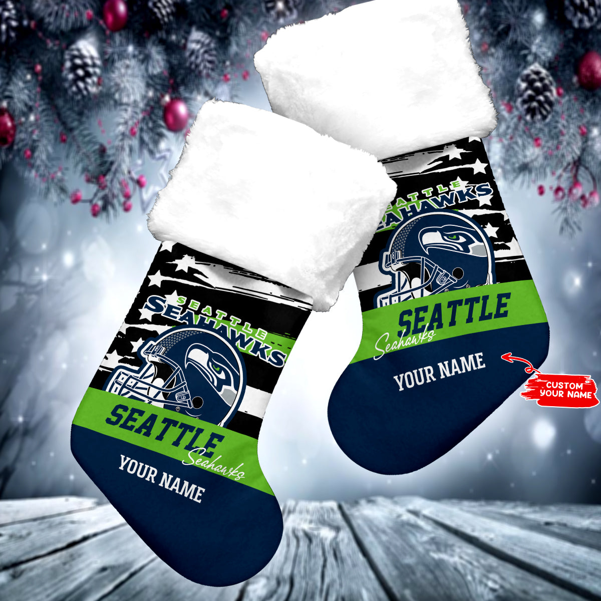 Seattle Seahawks Personalized Christmas Socks AZCCRMS065