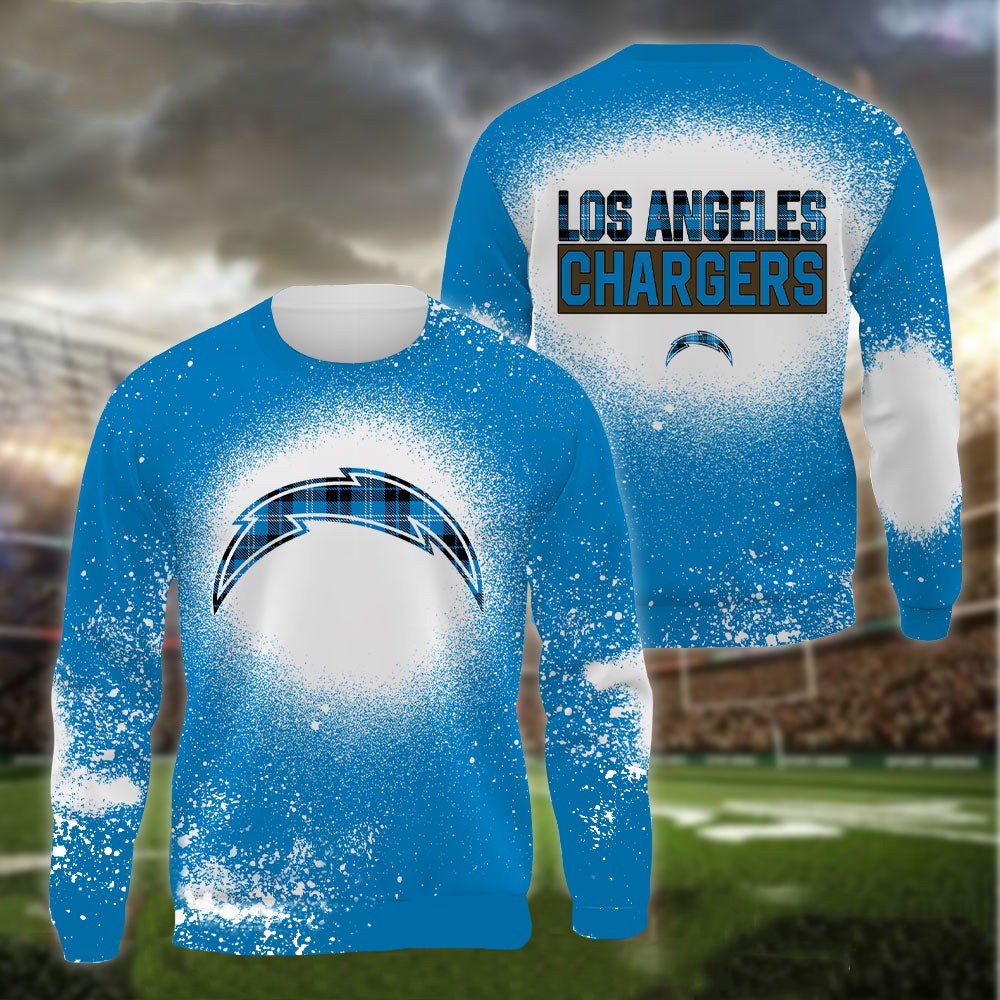 Los Angeles Chargers Plaid Bleached All Over Printed T-shirt Sweatshirt Hoodie AZCHD125