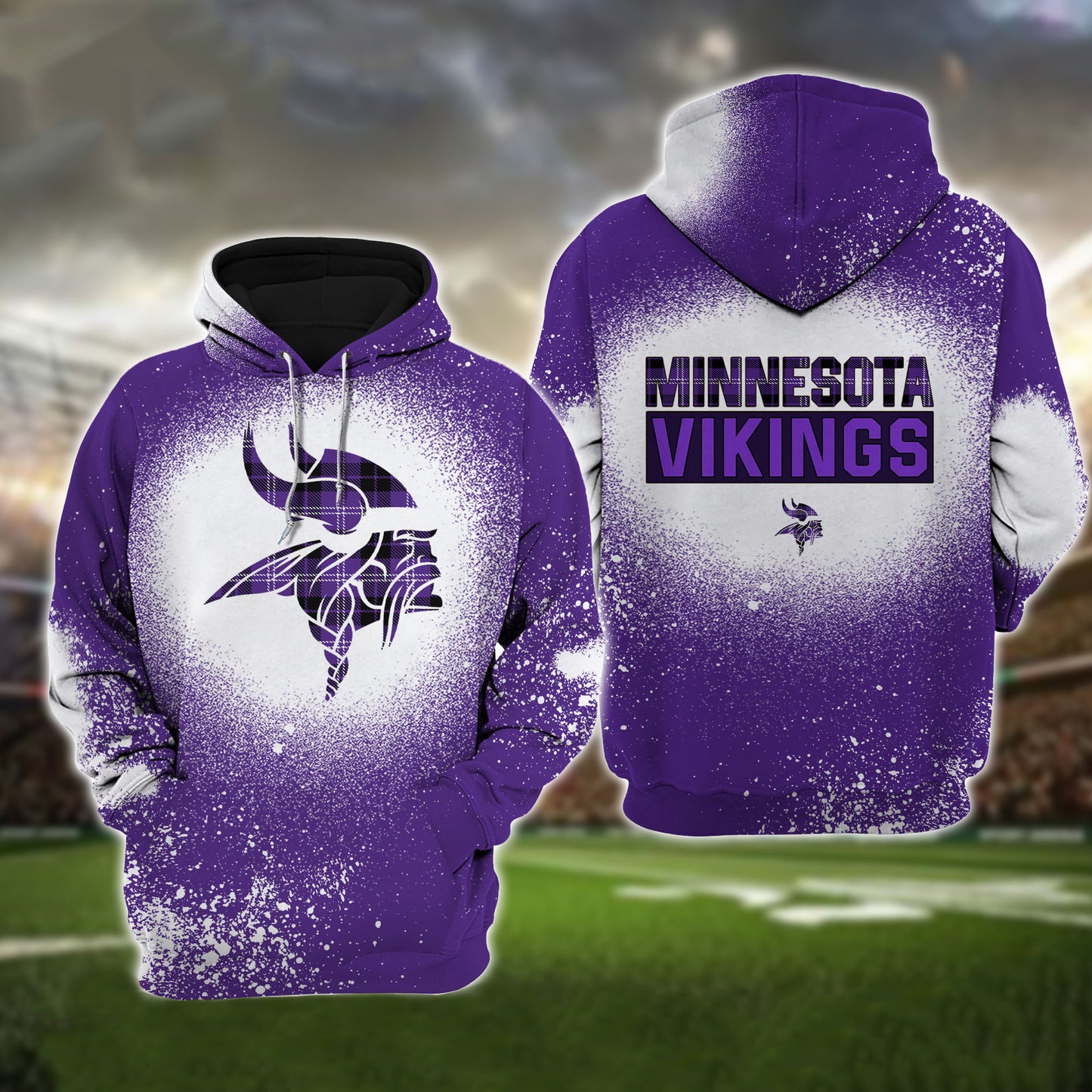 Minnesota Vikings Plaid Bleached All Over Printed T-shirt Sweatshirt Hoodie AZCHD128