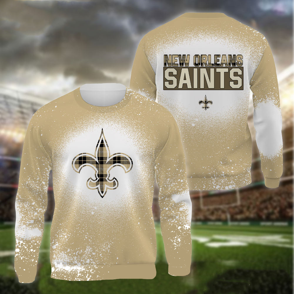 New Orleans Saints Plaid Bleached All Over Printed T-shirt Sweatshirt Hoodie AZCHD130