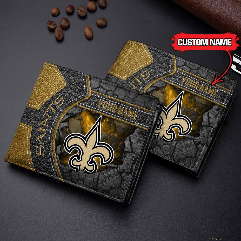 New Orleans Saints Football Custom Name Men’s Classic Leather Wallet AZHAMW000029