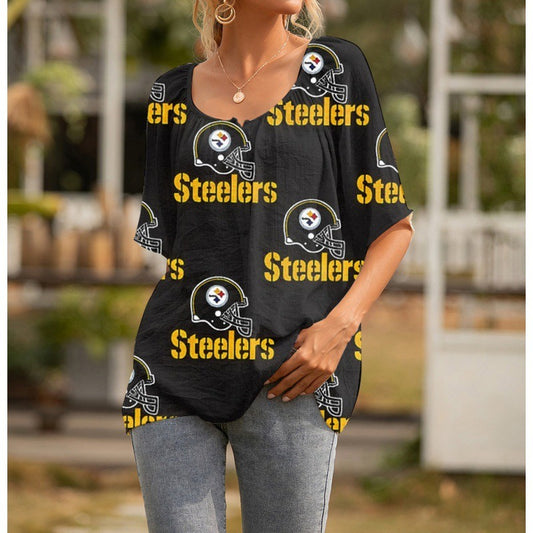 Pittsburgh Steelers Personalized Logo Team Short Sleeve Women Peasant Blouse AZHASSWPB000002
