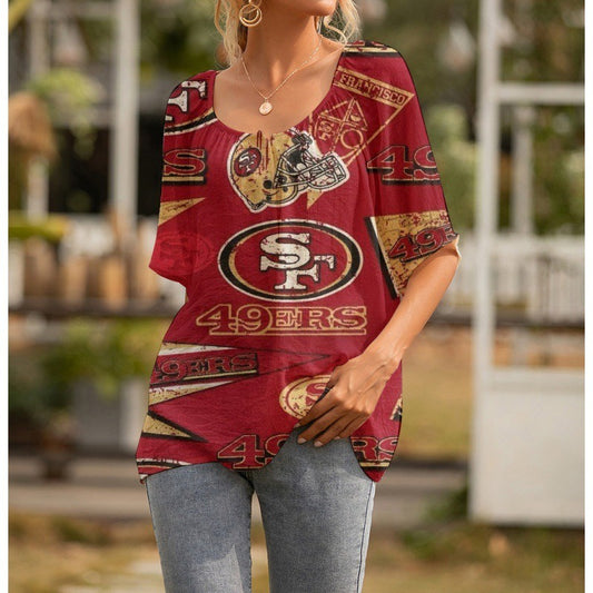 San Francisco 49ers Personalized Logo Team Short Sleeve Women Peasant Blouse AZHASSWPB000003