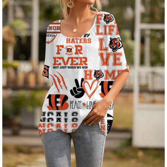 Cincinnati Bengals Personalized Logo Team Short Sleeve Women Peasant Blouse AZHASSWPB000005