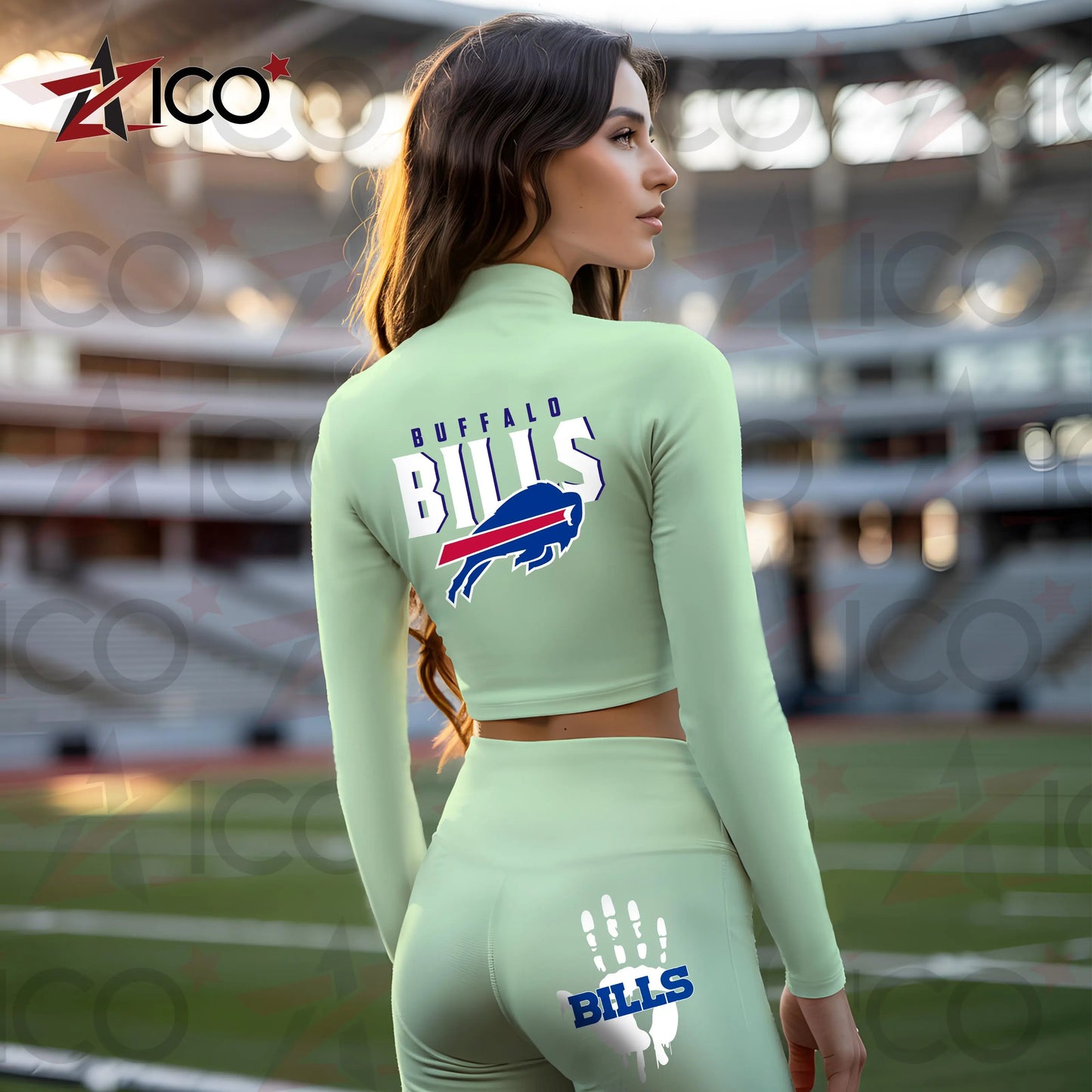 Buffalo Bills Women Workout Set Zipper Long Sleeve Sport Top and Leggings AZHG2DWS000036