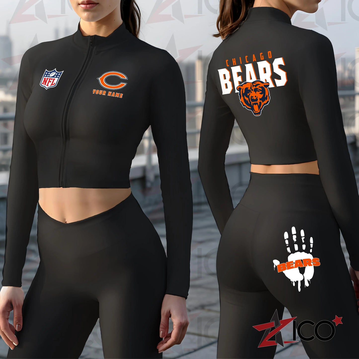 Chicago Bears Women Workout Set Zipper Long Sleeve Sport Top and Leggings AZHG2DWS000038