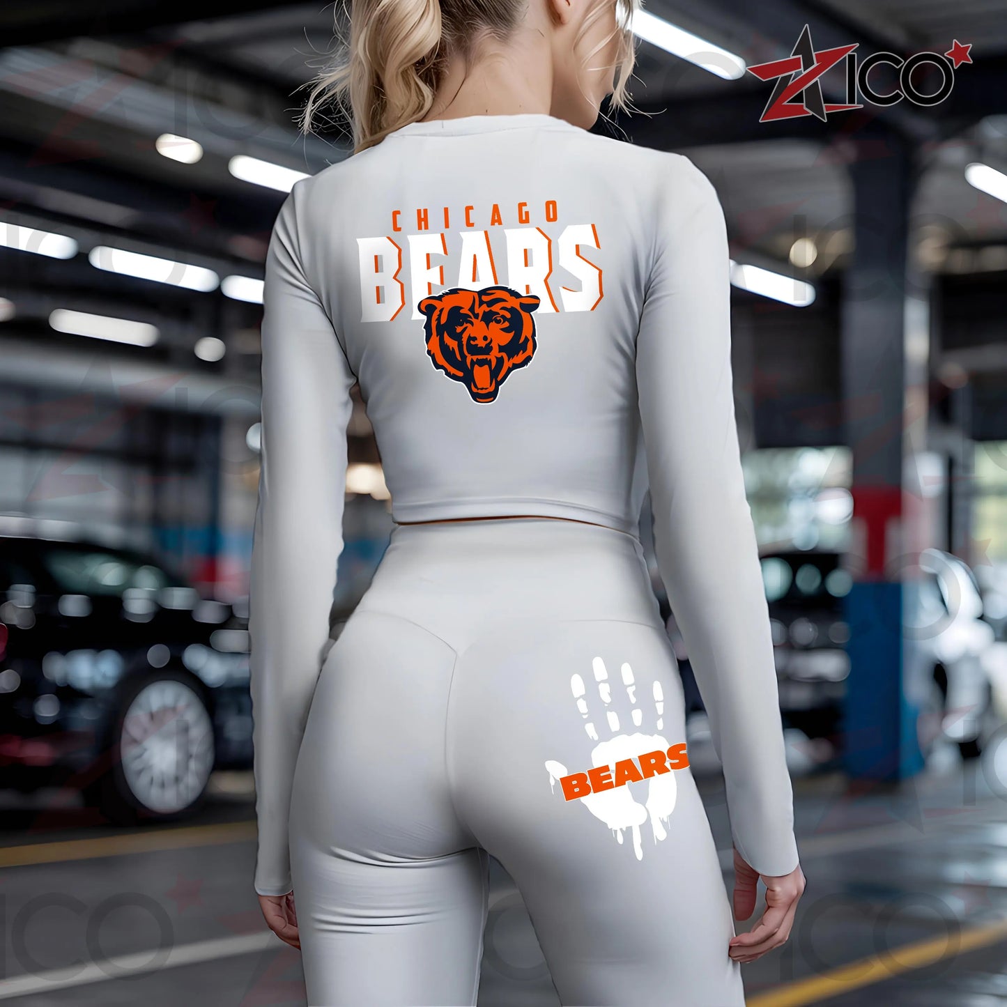 Chicago Bears Women Workout Set Zipper Long Sleeve Sport Top and Leggings AZHG2DWS000038