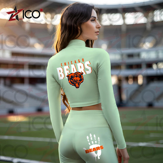 Chicago Bears Women Workout Set Zipper Long Sleeve Sport Top and Leggings AZHG2DWS000038