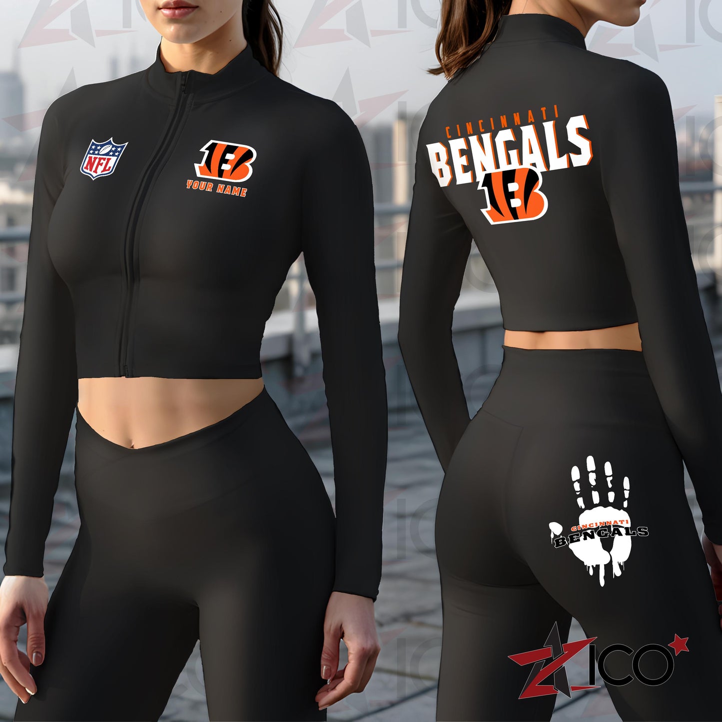 Cincinnati Bengals Women Workout Set Zipper Long Sleeve Sport Top and Leggings AZHG2DWS000039