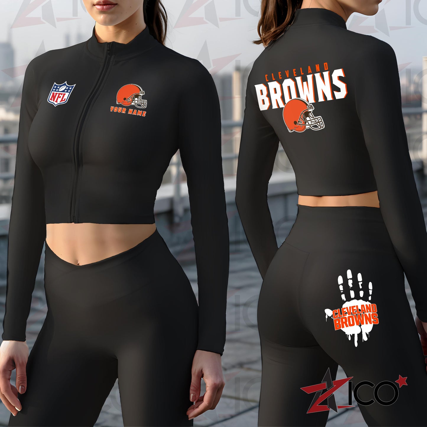 Cleveland Browns Women Workout Set Zipper Long Sleeve Sport Top and Leggings AZHG2DWS000040