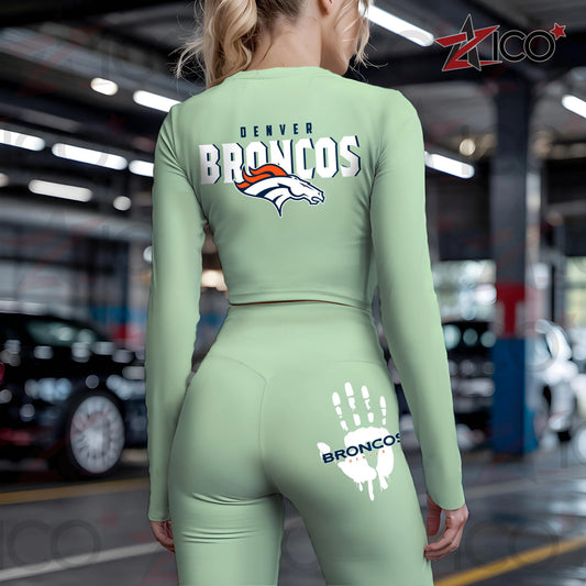 Denver Broncos Women Workout Set Zipper Long Sleeve Sport Top and Leggings AZHG2DWS000042