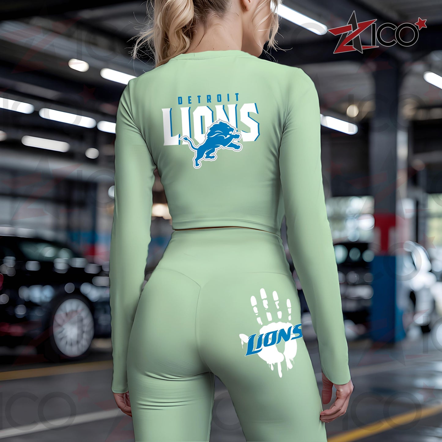 Detroit Lions Women Workout Set Zipper Long Sleeve Sport Top and Leggings AZHG2DWS000043