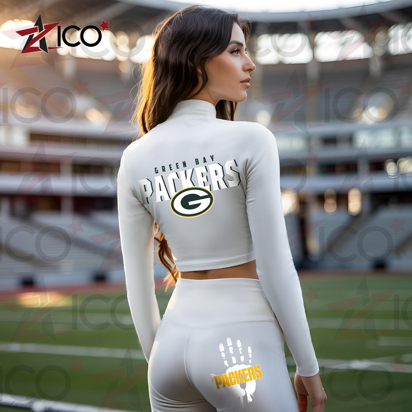 Green Bay Packers Women Workout Set Zipper Long Sleeve Sport Top and Leggings AZHG2DWS000044