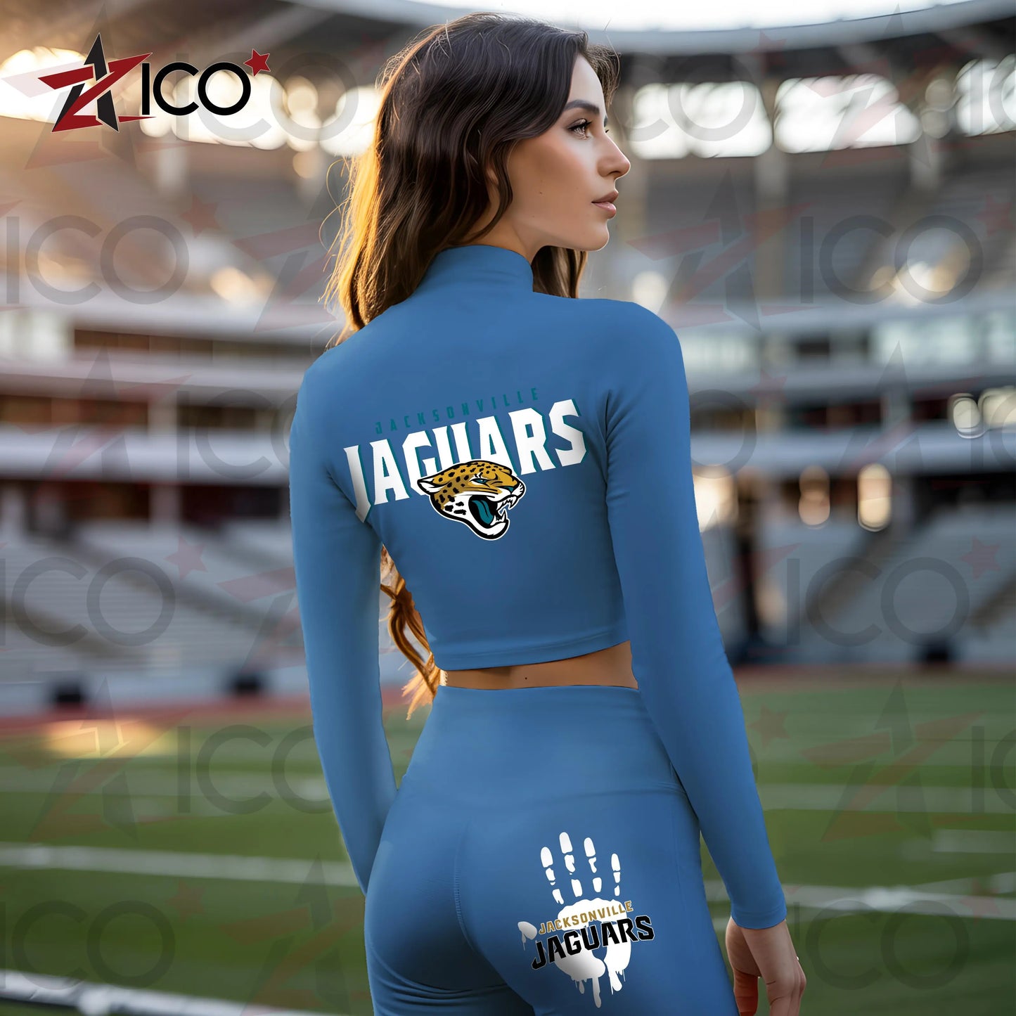 Jacksonville Jaguars Women Workout Set Zipper Long Sleeve Sport Top and Leggings AZHG2DWS000047