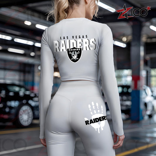 Las Vegas Raiders Women Workout Set Zipper Long Sleeve Sport Top and Leggings AZHG2DWS000049