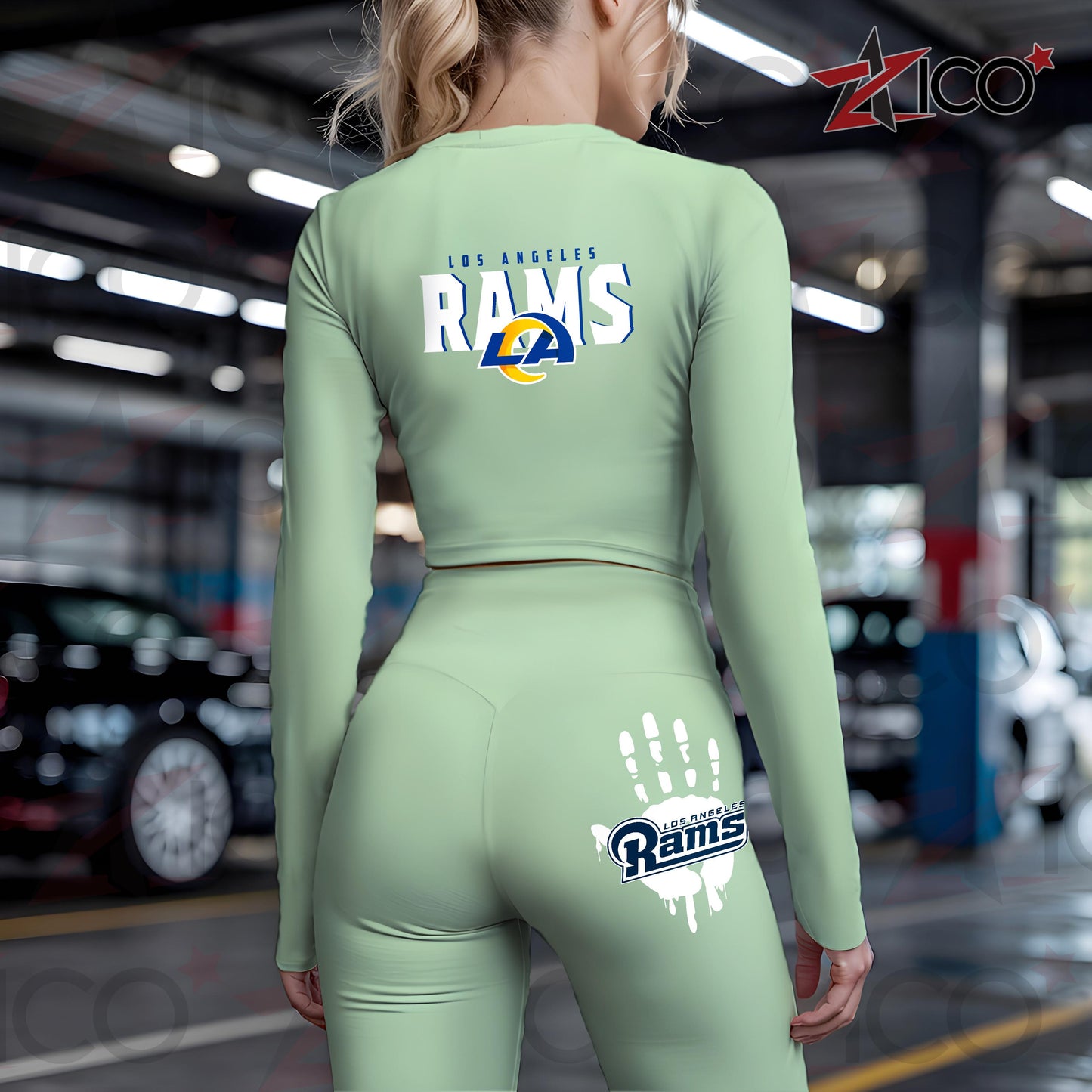 Los Angeles Rams Women Workout Set Zipper Long Sleeve Sport Top and Leggings AZHG2DWS000051