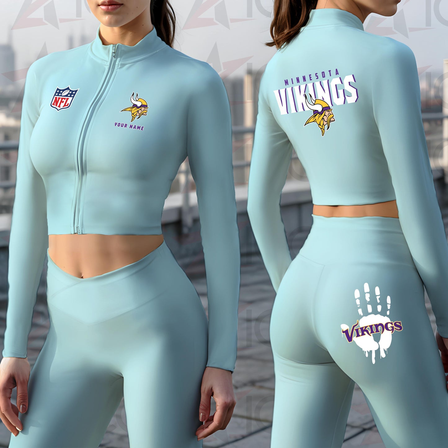 Minnesota Vikings Women Workout Set Zipper Long Sleeve Sport Top and Leggings AZHG2DWS000053