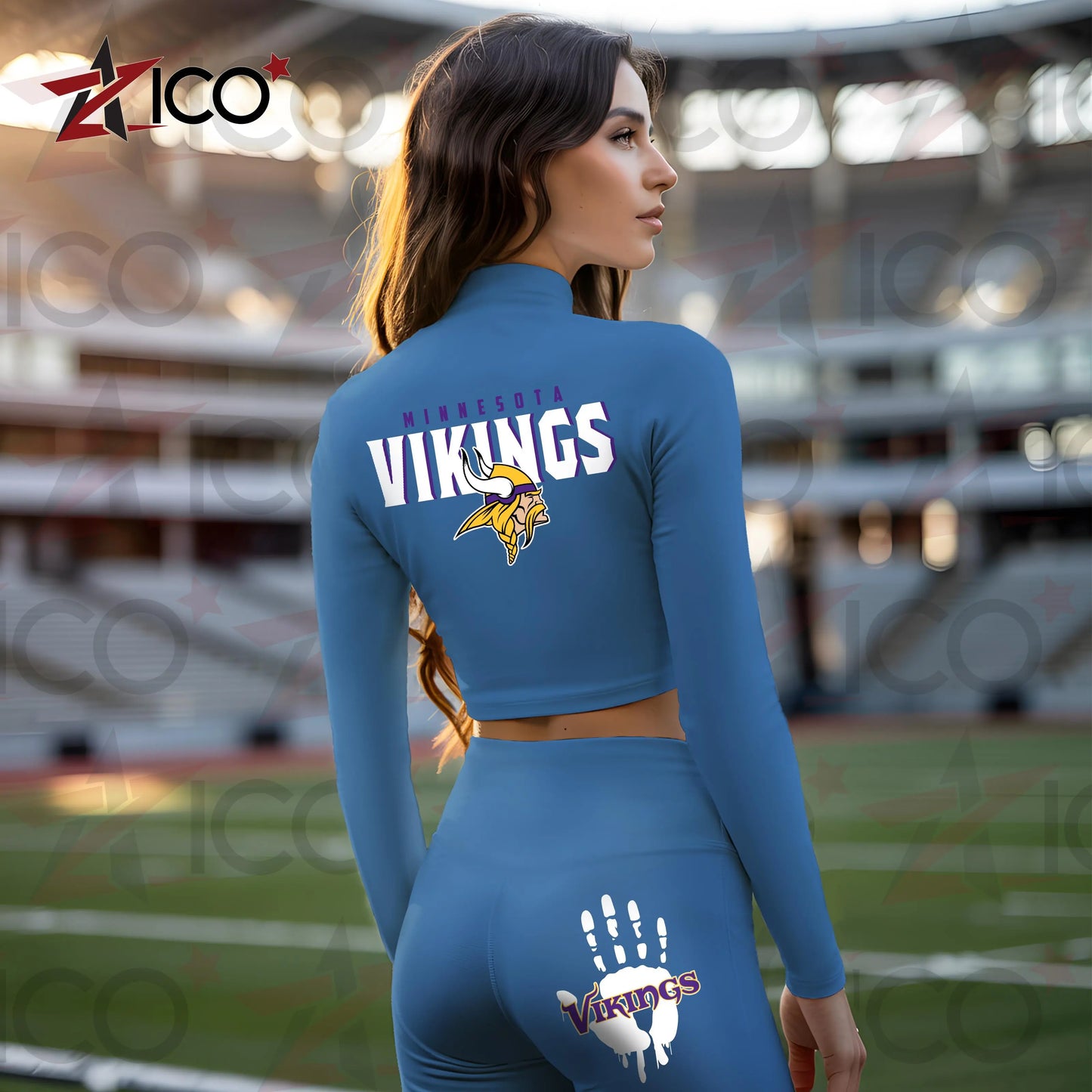 Minnesota Vikings Women Workout Set Zipper Long Sleeve Sport Top and Leggings AZHG2DWS000053