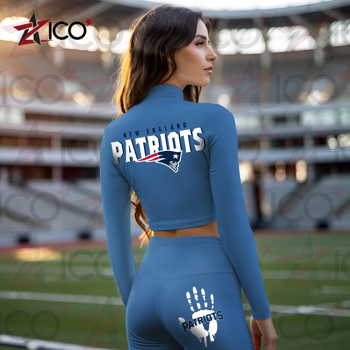 New England Patriots Women Workout Set Zipper Long Sleeve Sport Top and Leggings AZHG2DWS000054