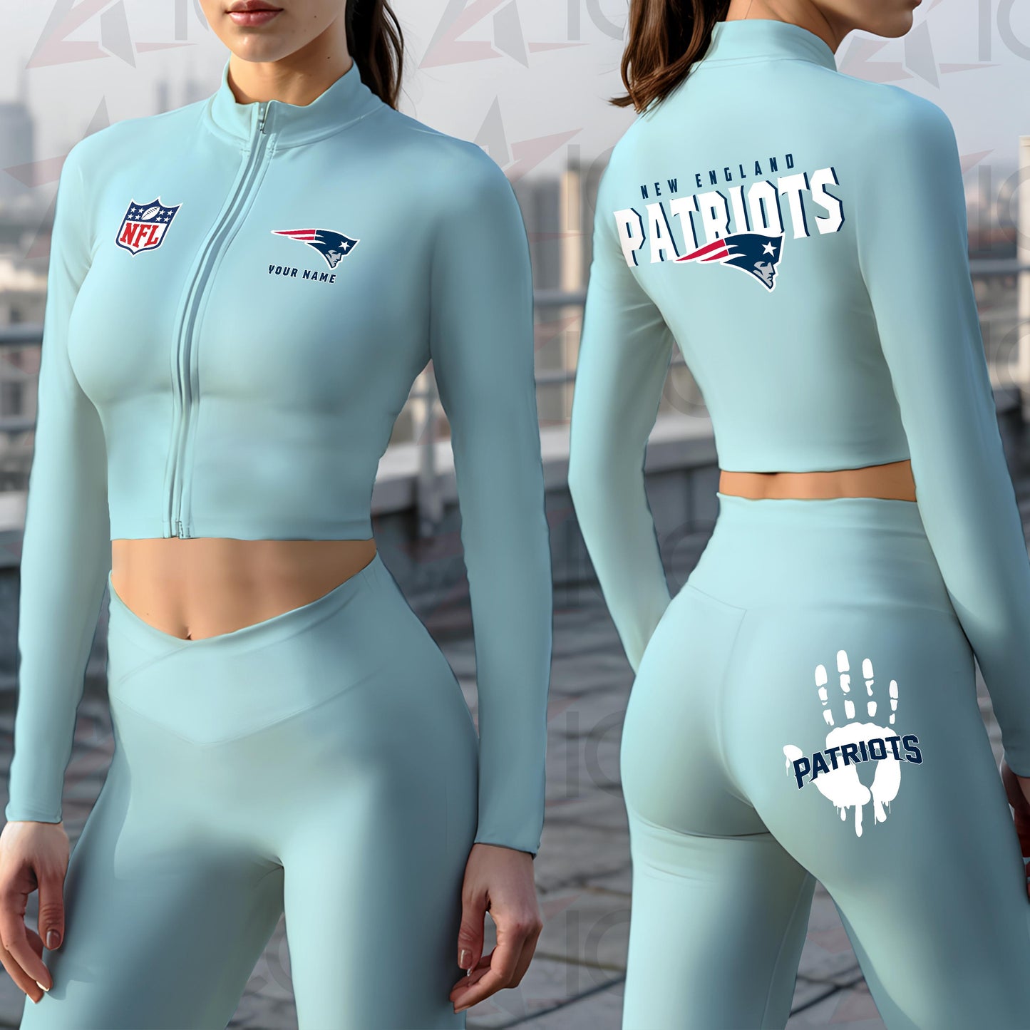 New England Patriots Women Workout Set Zipper Long Sleeve Sport Top and Leggings AZHG2DWS000054