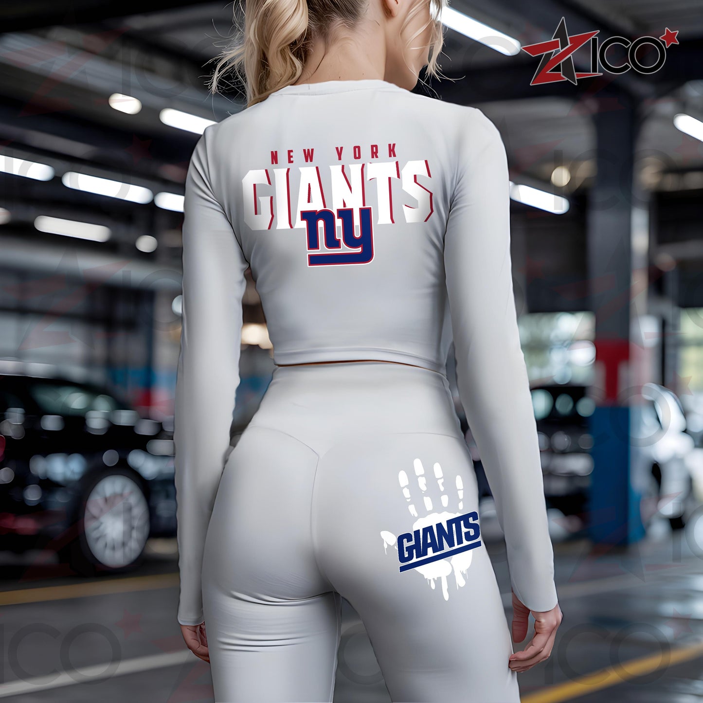 New York Giants Women Workout Set Zipper Long Sleeve Sport Top and Leggings AZHG2DWS000056