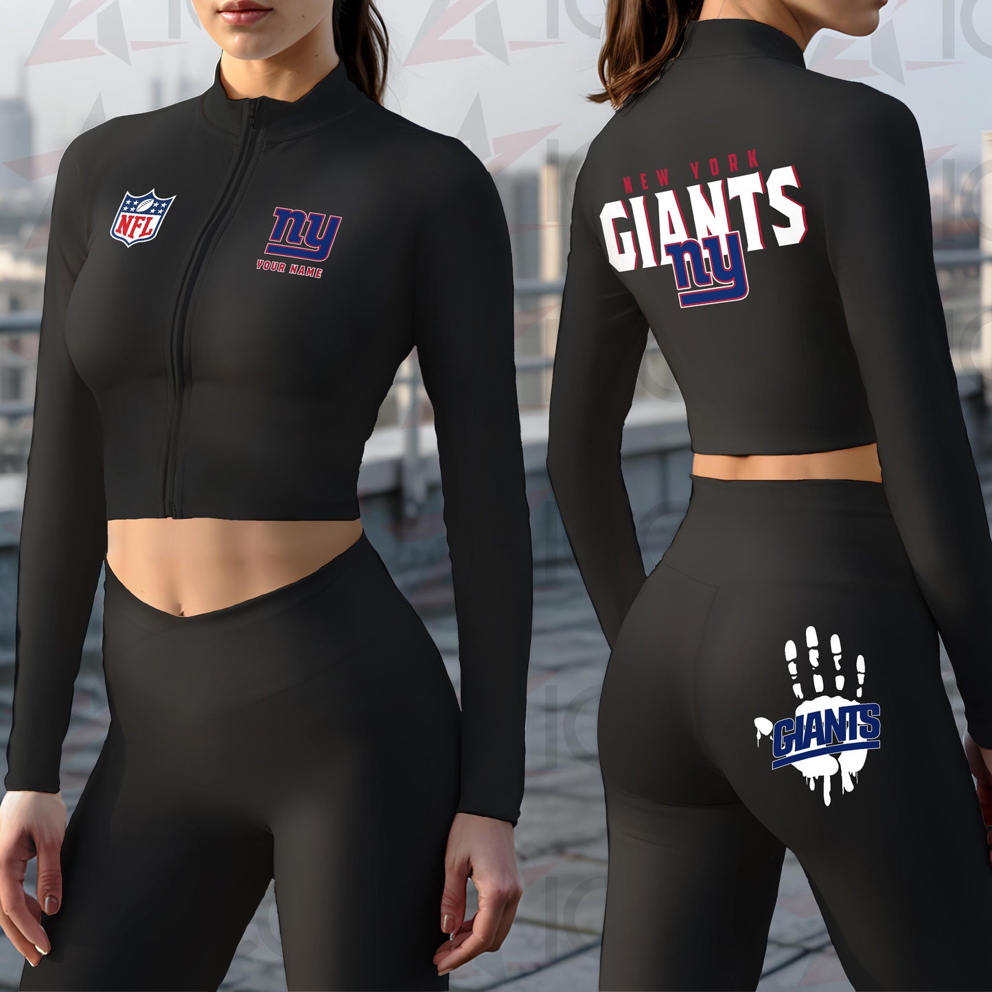 New York Giants Women Workout Set Zipper Long Sleeve Sport Top and Leggings AZHG2DWS000056