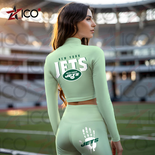 New York Jets Women Workout Set Zipper Long Sleeve Sport Top and Leggings AZHG2DWS000057