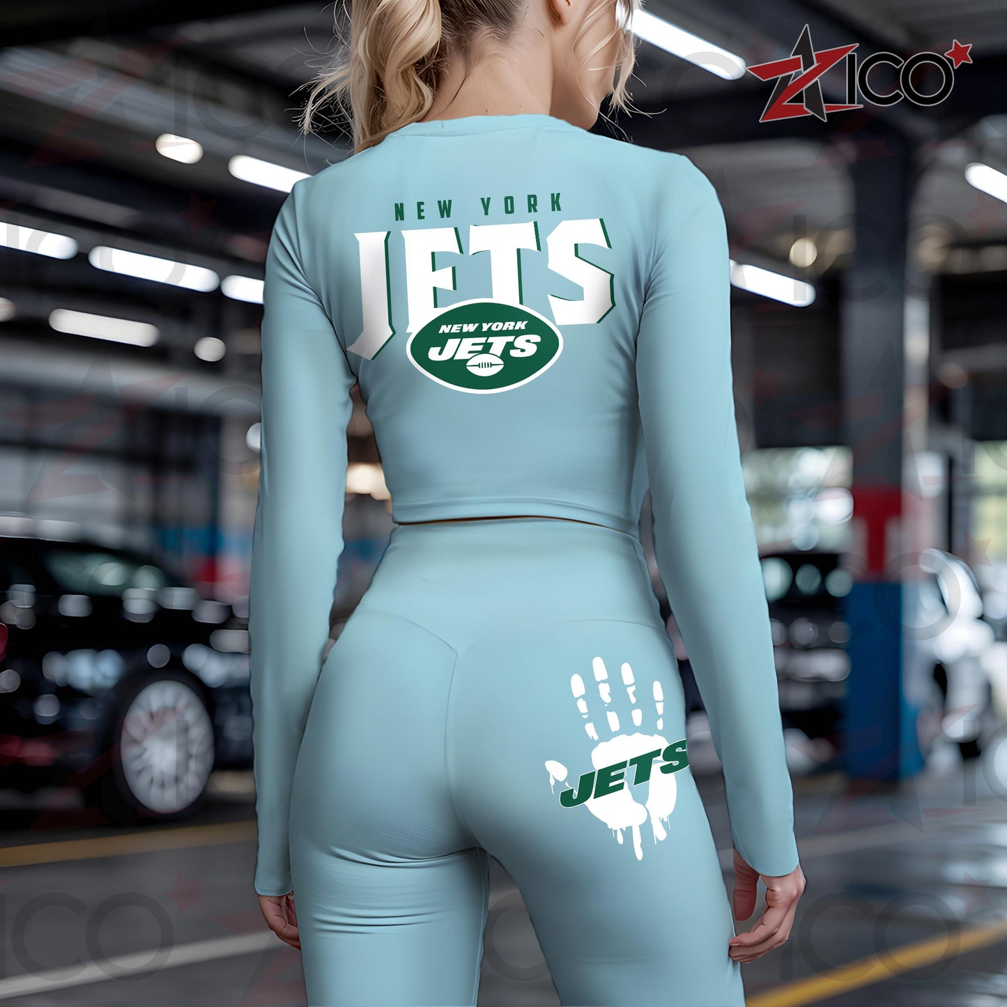 New York Jets Women Workout Set Zipper Long Sleeve Sport Top and Leggings AZHG2DWS000057