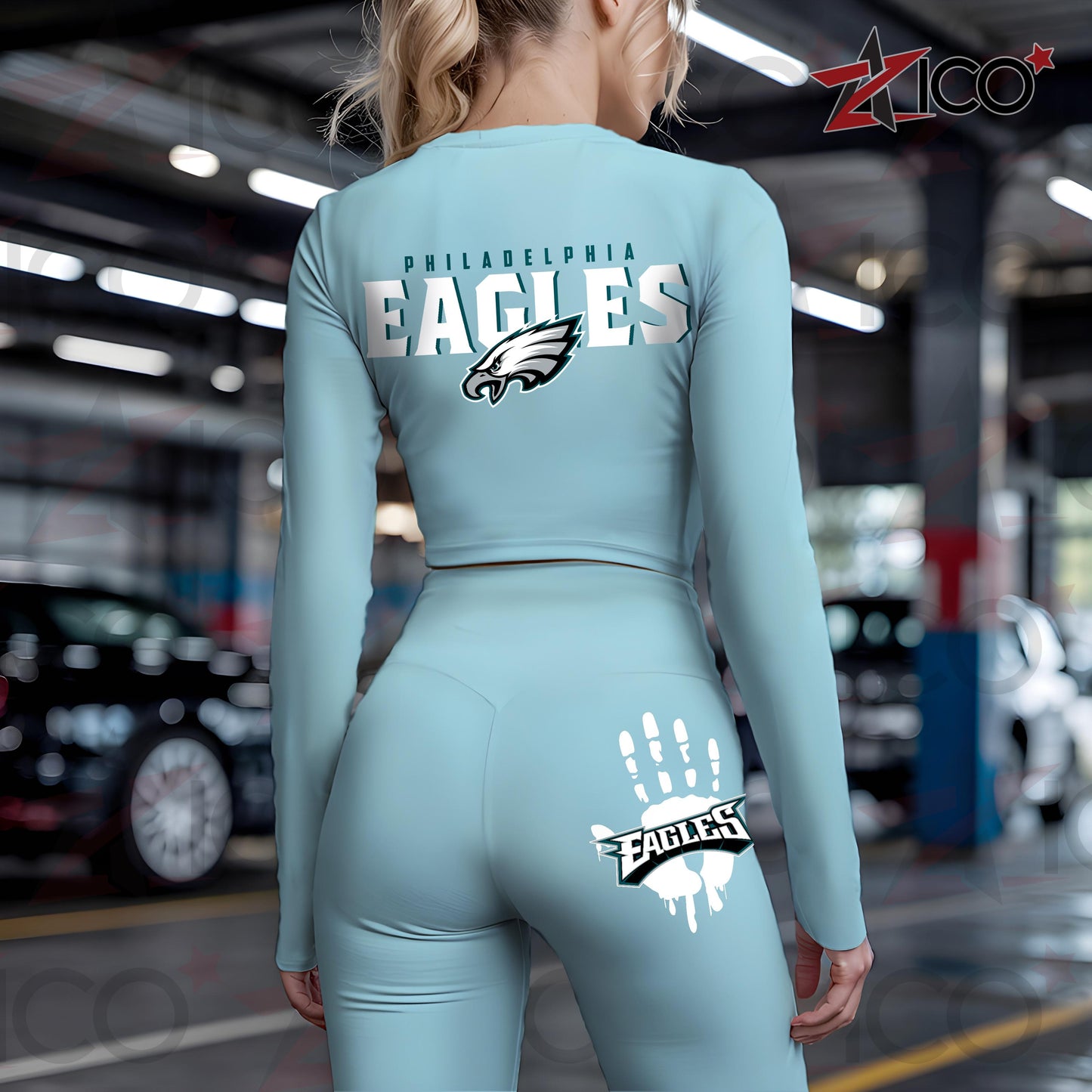 Philadelphia Eagles Women Workout Set Zipper Long Sleeve Sport Top and Leggings AZHG2DWS000058