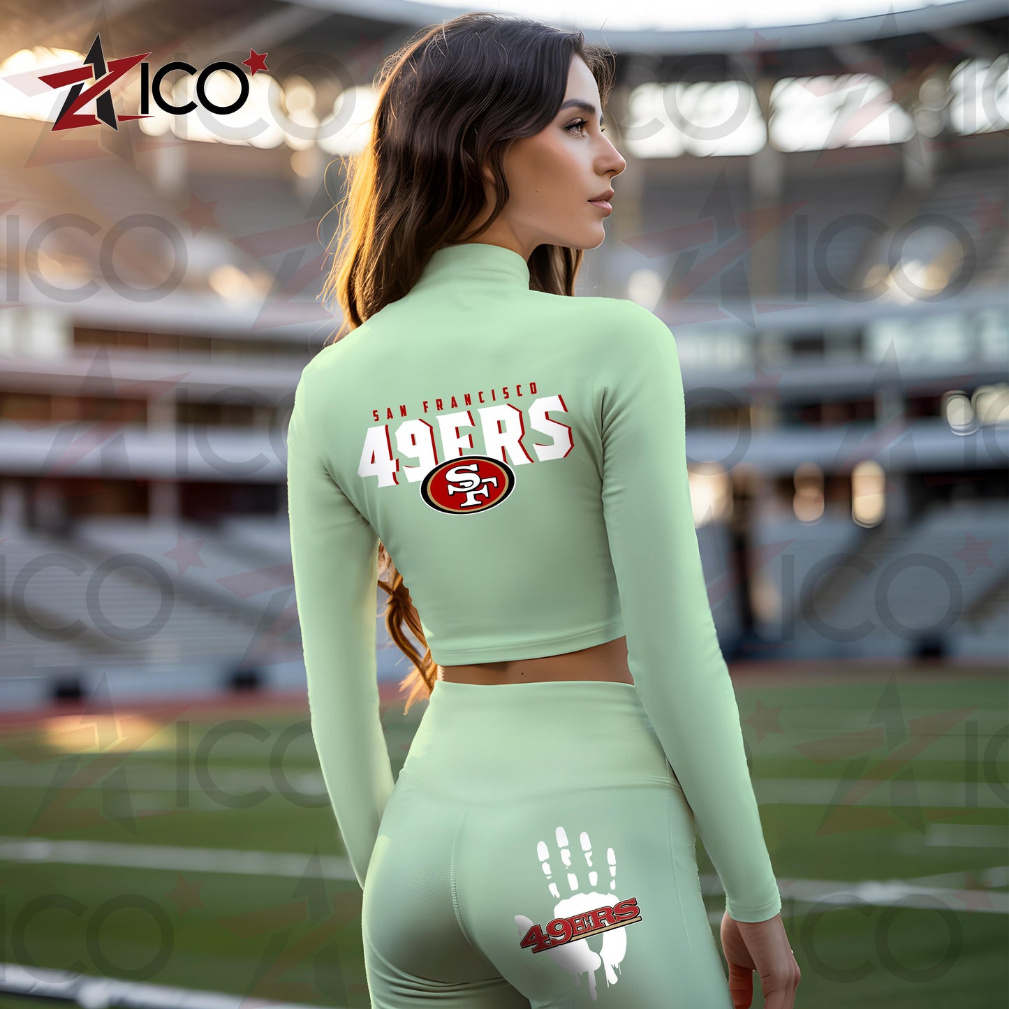 San Francisco 49ers Women Workout Set Zipper Long Sleeve Sport Top and Leggings AZHG2DWS000060