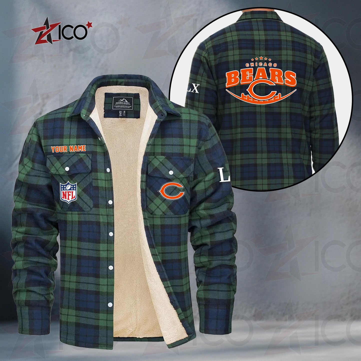 Chicago Bears Fleece Flannel Plaid Jacket MN06