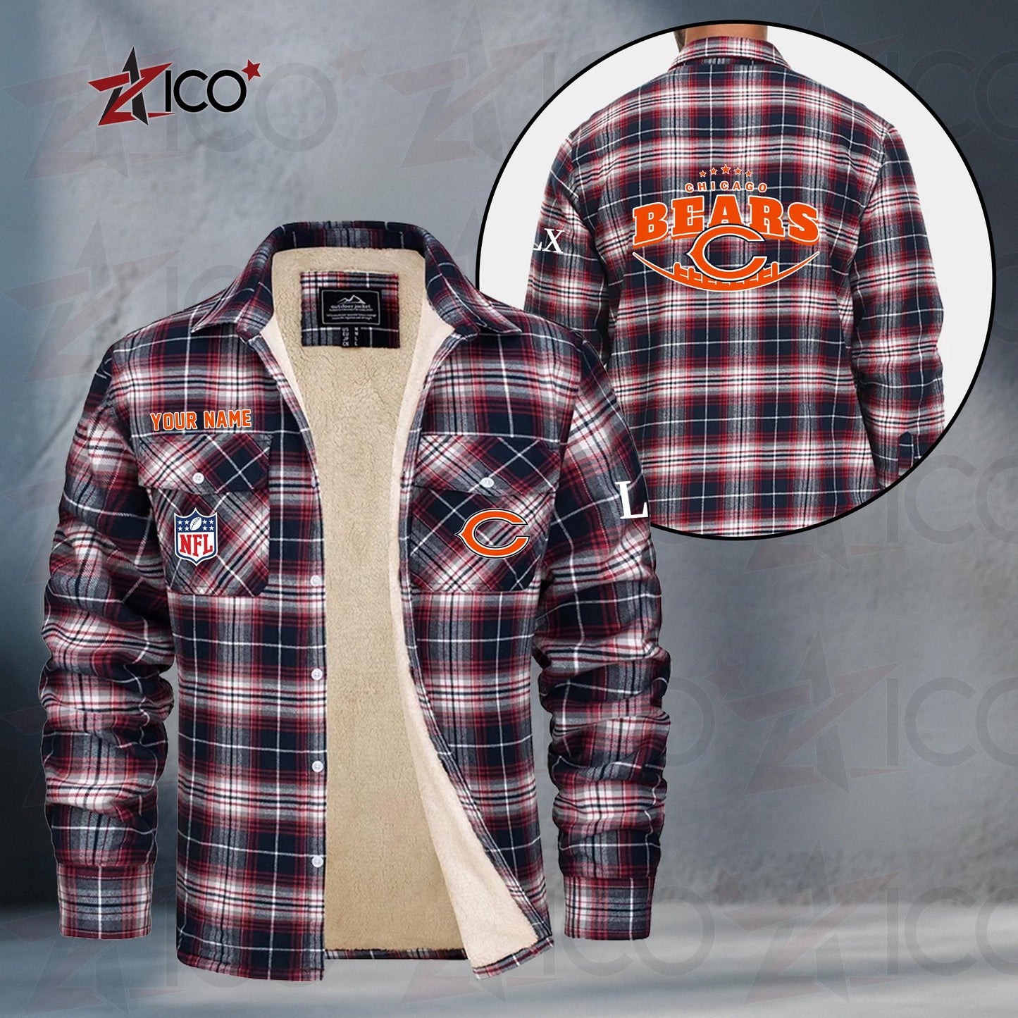 Chicago Bears Fleece Flannel Plaid Jacket MN06
