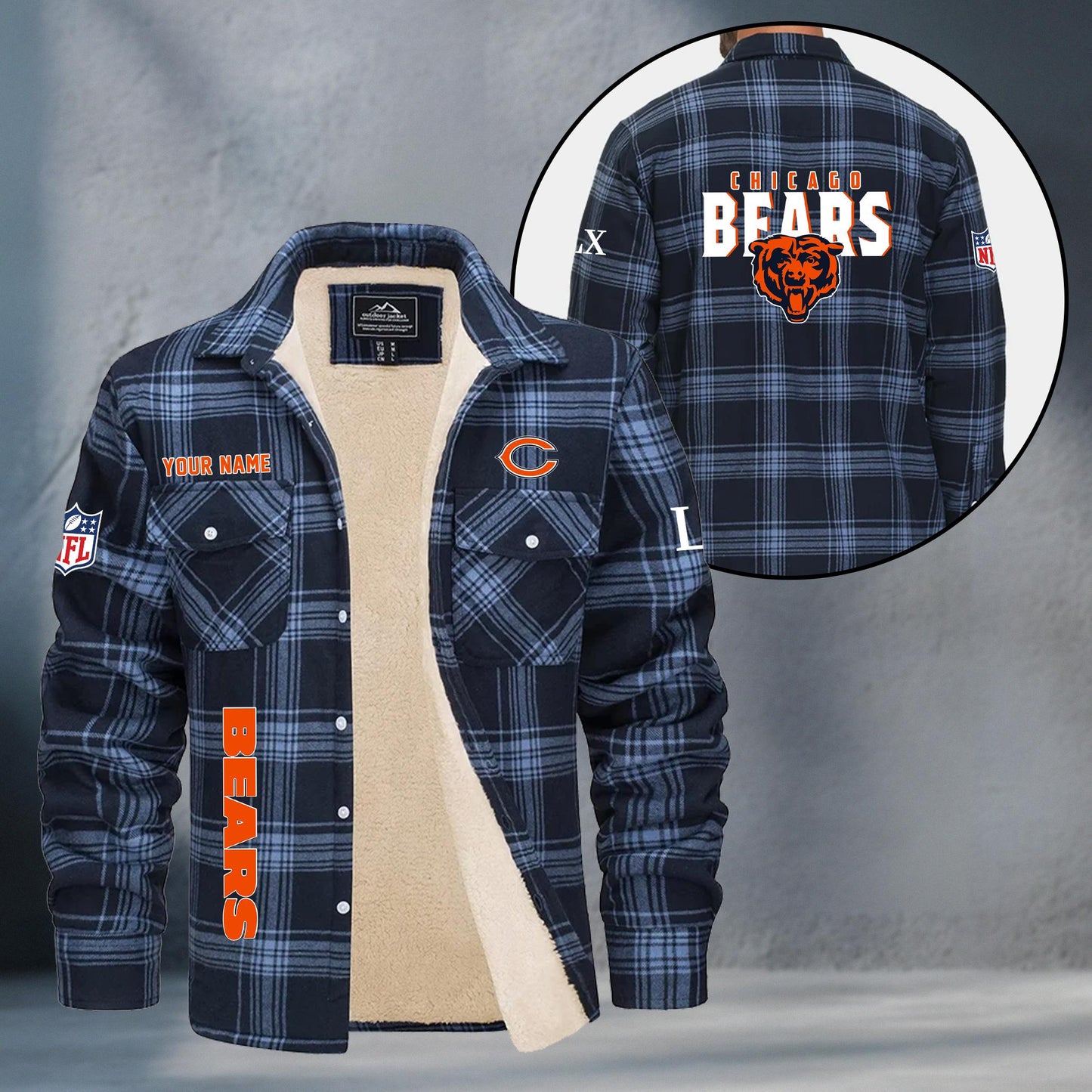 Chicago Bears Fleece Flannel Plaid Jacket MN70