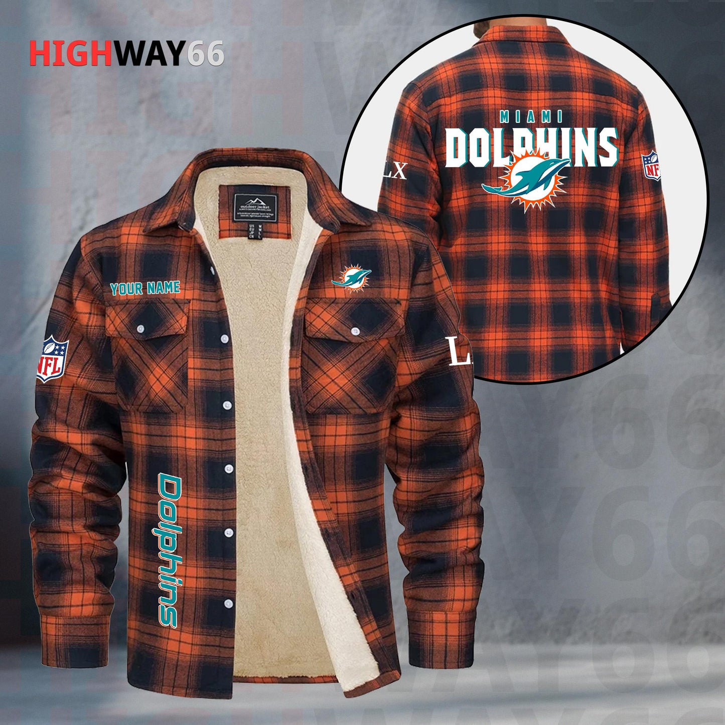 Miami Dolphins Fleece Flannel Plaid Jacket MN84