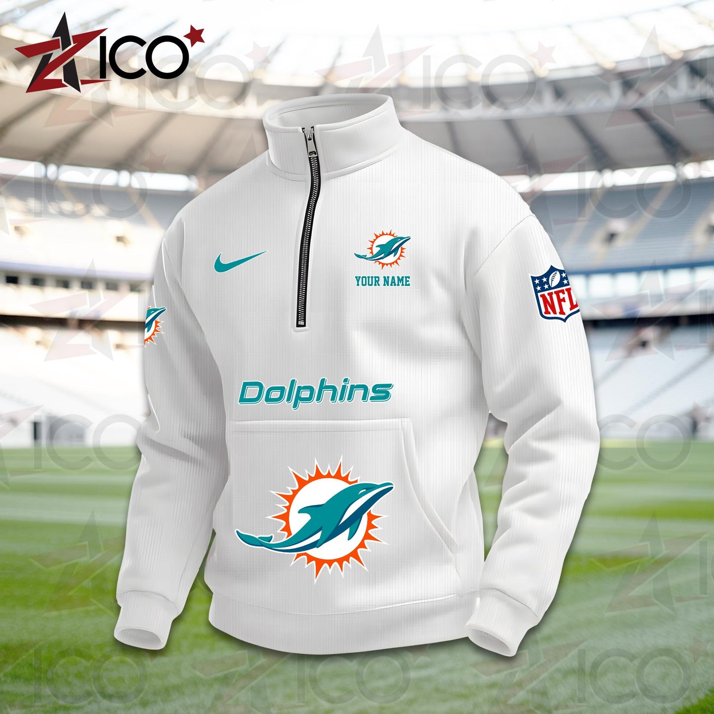 Miami Dolphins High Neck Half Zip Pocket Sweatshirt New Trending AZMN2DPS000084
