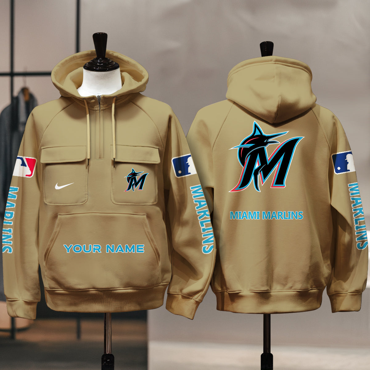 Miami Marlins New Collection Multi-Pockets Zip Hoodie MLB AZMNMZHD000175