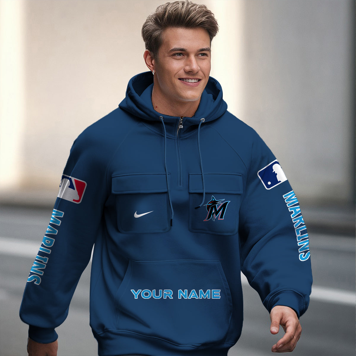 Miami Marlins New Collection Multi-Pockets Zip Hoodie MLB AZMNMZHD000175